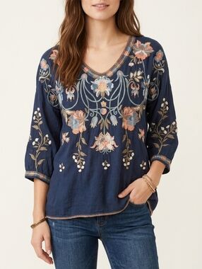 Johnny Was - Millicent Blouse - Embroidered Navy Blue - Boho Floral - Size S